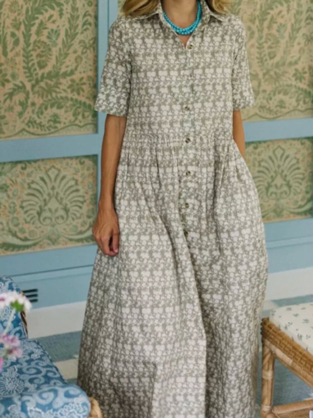 Parterre Owen Dress Everly Print Green Ivory Floral Block Print Size 00